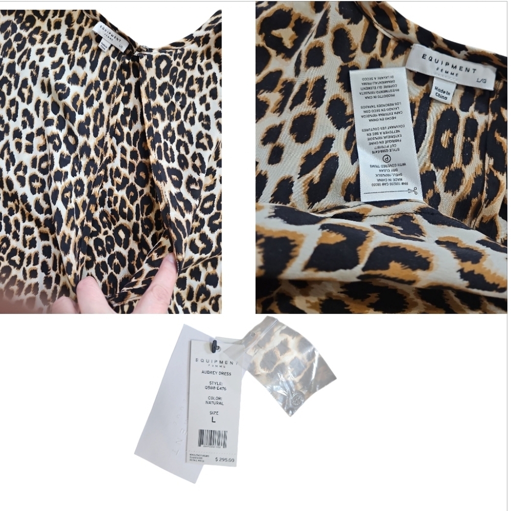 Equipment Femme Aubrey Silk Leopard Print Shift Dress Size L NWT Mini Pockets - Picture 13 of 13